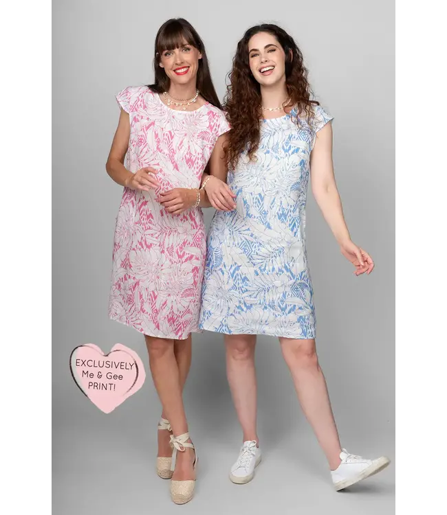 Floral Cap Sleeve Linen Dress - White / Blue