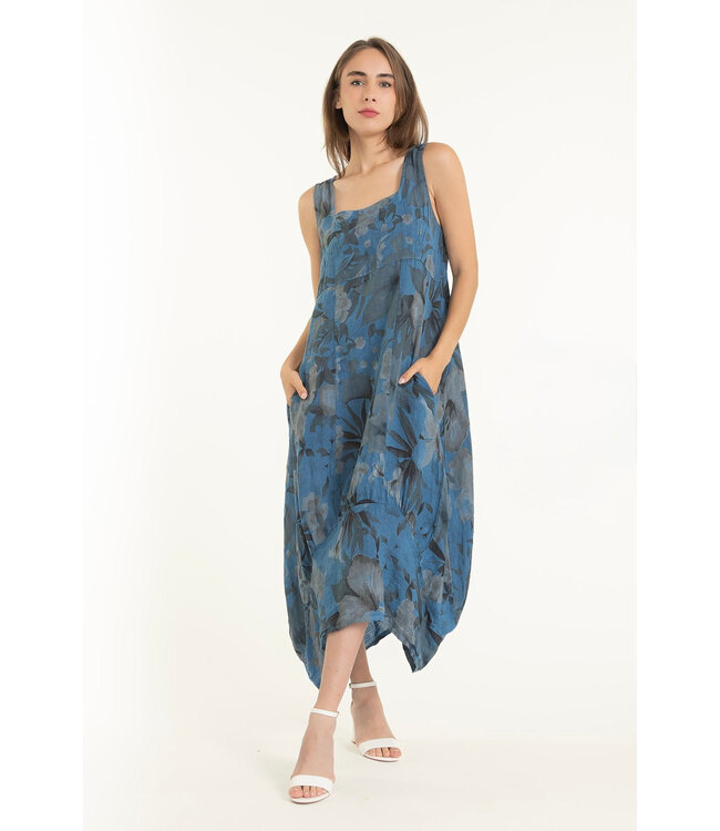 Floral Linen Balloon Dress - Avio