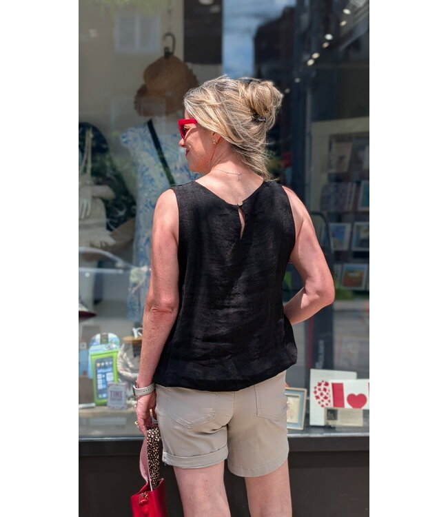 Made in Italy Linen Tank Top w/Elastic Hem - Black