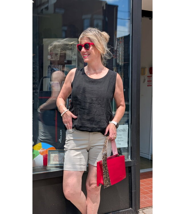 Made in Italy Linen Tank Top w/Elastic Hem - Black