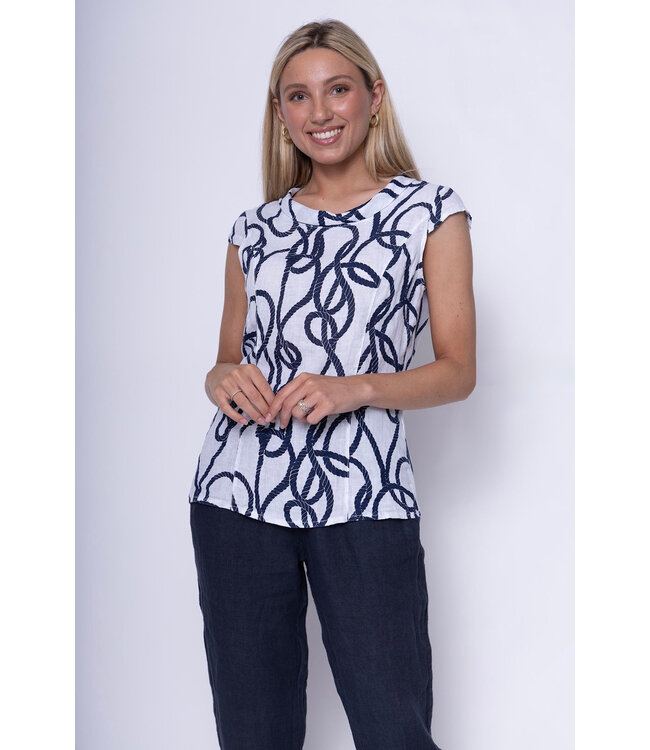 Roll Neck Patterned Linen Tee - Bianco