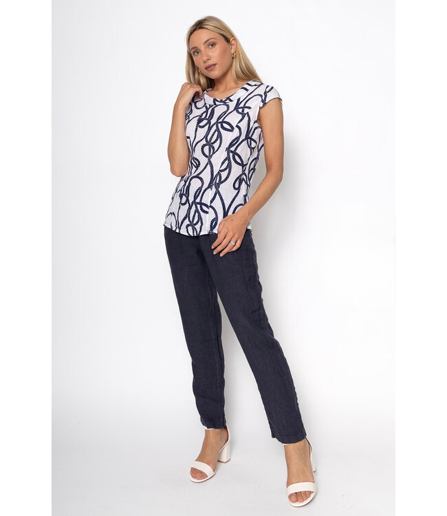 Roll Neck Patterned Linen Tee - Bianco