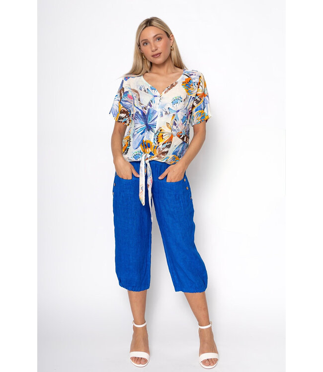Tie Front Linen Top - Royal Butterflies