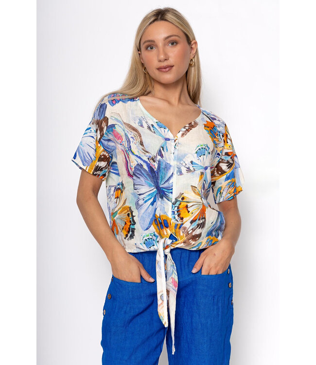 Tie Front Linen Top - Royal Butterflies