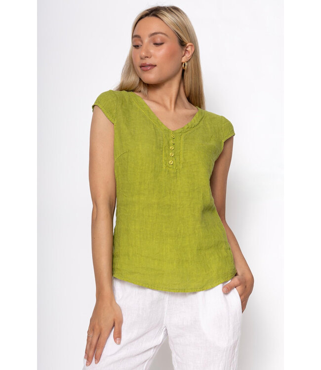 Linen V-Neck w/Buttons - Oasis Green