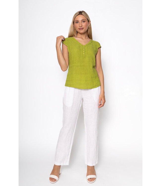Linen V-Neck w/Buttons - Oasis Green