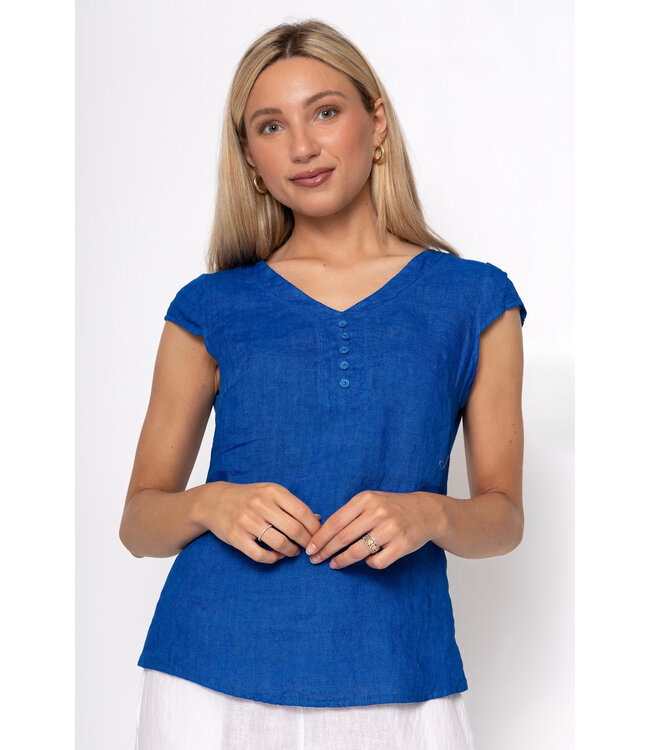 Linen V-Neck w/Buttons - Royal