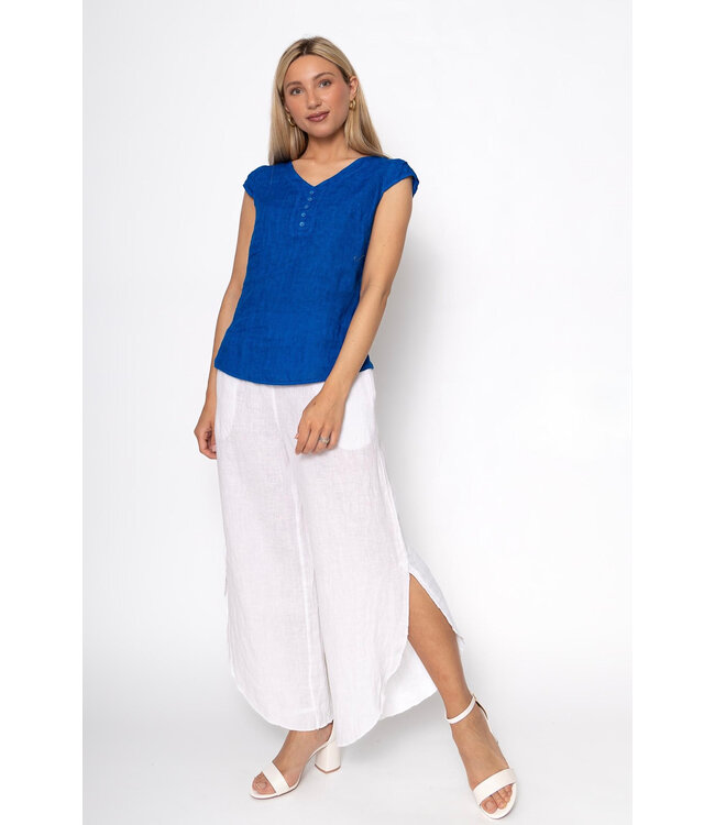 Linen V-Neck w/Buttons - Royal