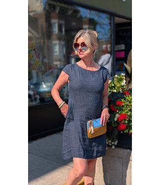 Linen Solid Shift Dress w/Pockets - Navy