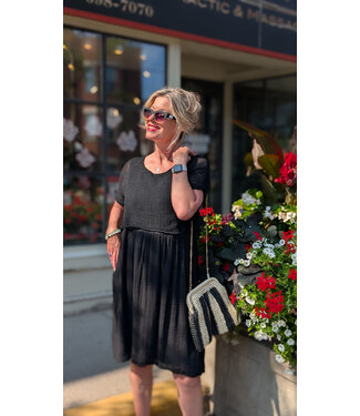 Crinkle Dress w/ Mesh Top - Black