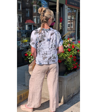 Wide Leg Linen Pants w/ Cotton Waist - Beige