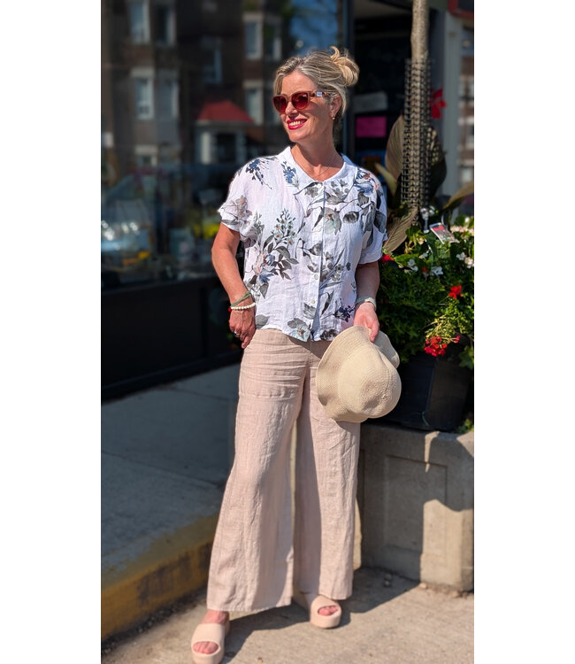 Wide Leg Linen Pants w/ Cotton Waist - Beige