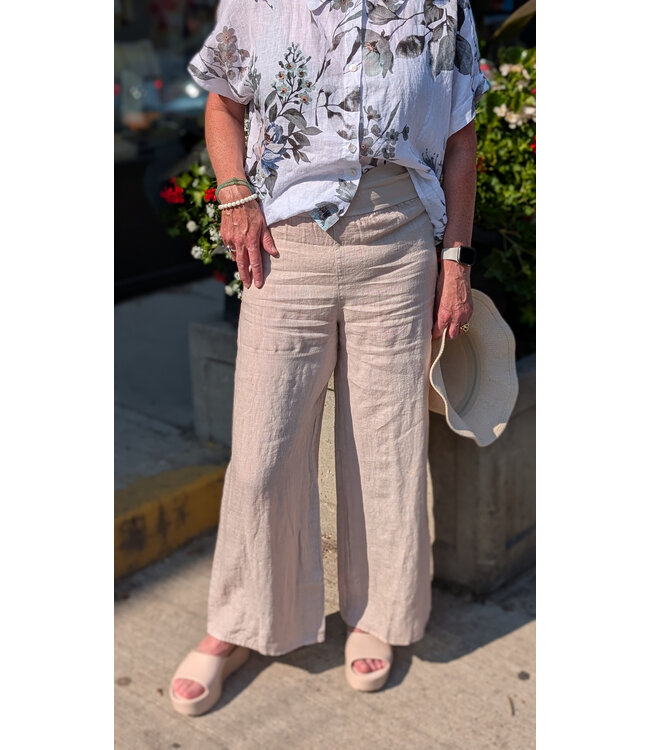 Wide Leg Linen Pants w/ Cotton Waist - Beige