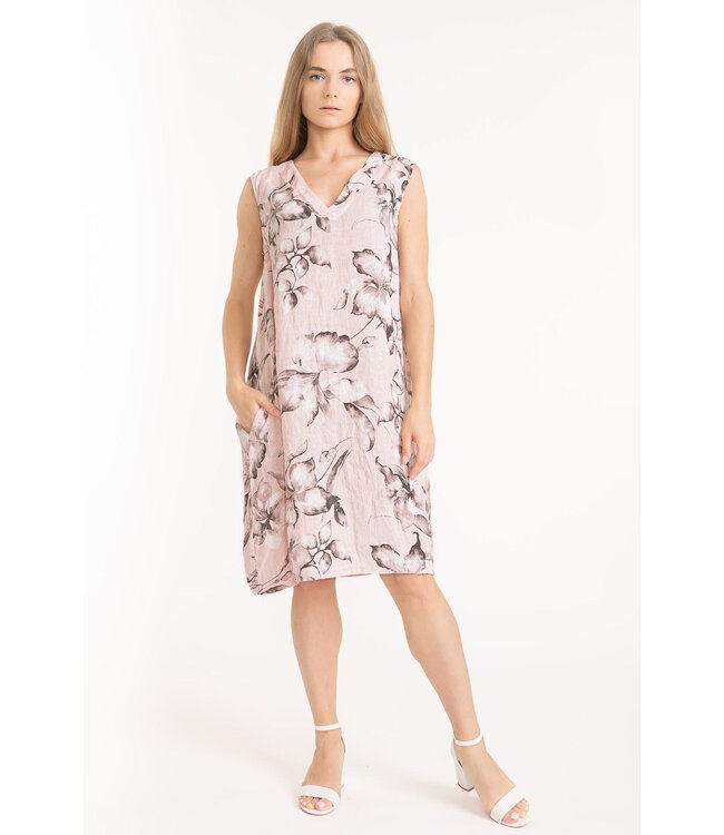 Sleeveless Floral Linen Dress - Rosa