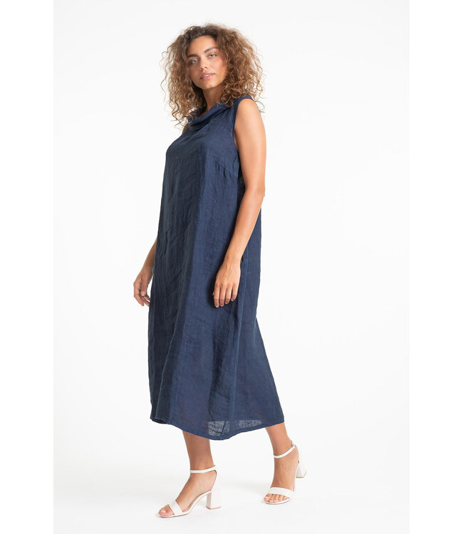 Sleeveless Cowl Neck Linen Dress - Navy