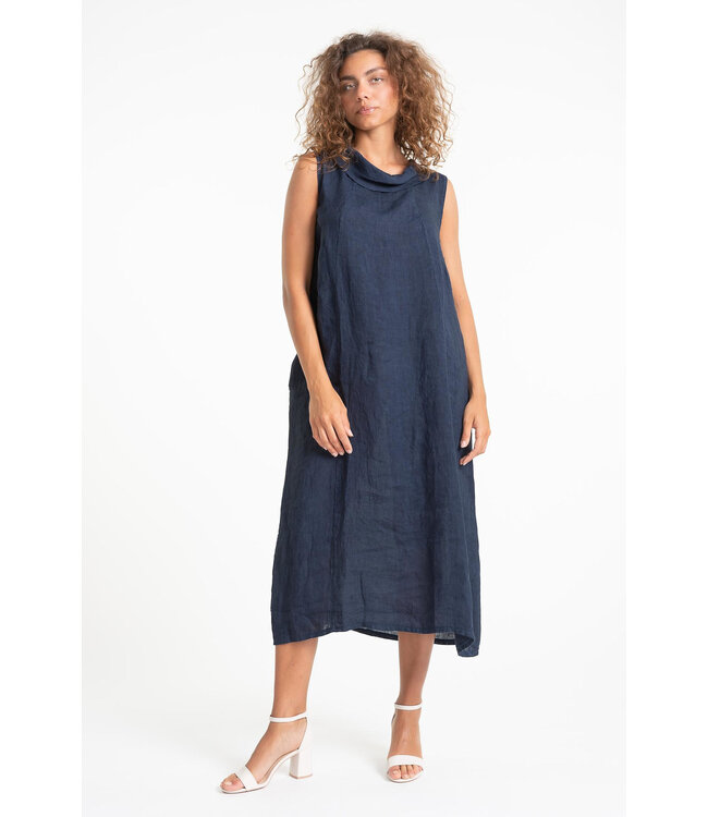 Sleeveless Cowl Neck Linen Dress - Navy