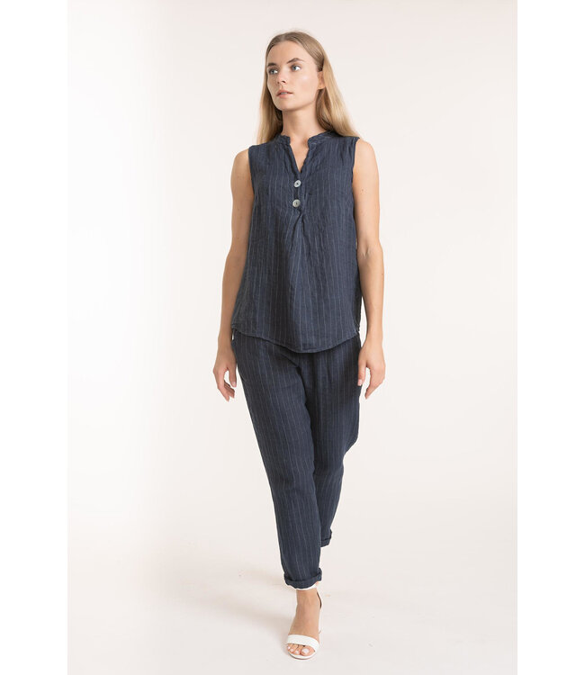 Sleeveless Striped Linen Top - Navy