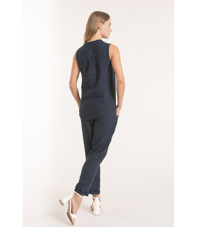 Sleeveless Striped Linen Top - Navy