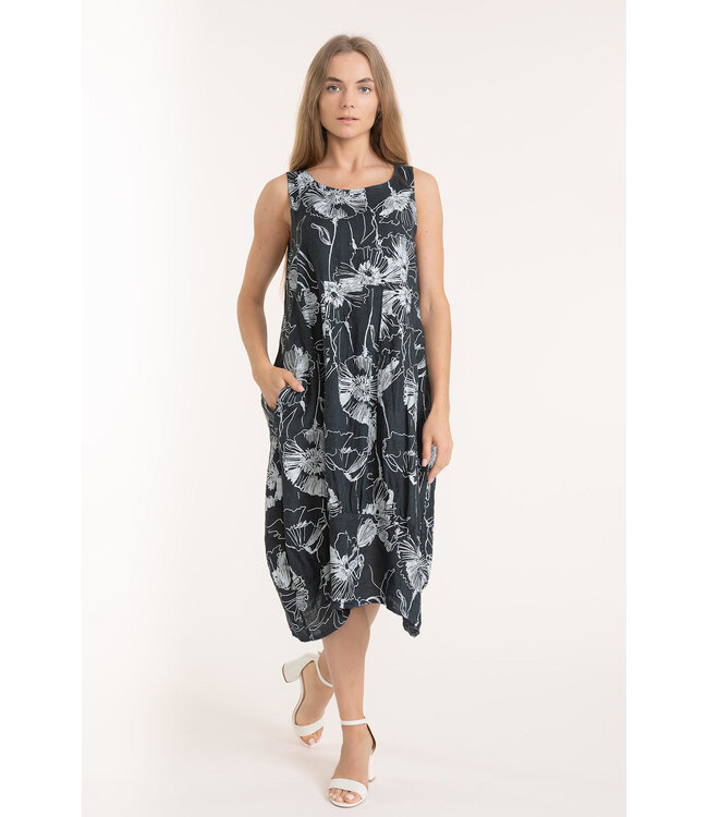 Sleeveless Floral Linen Balloon Dress - Dark Slate