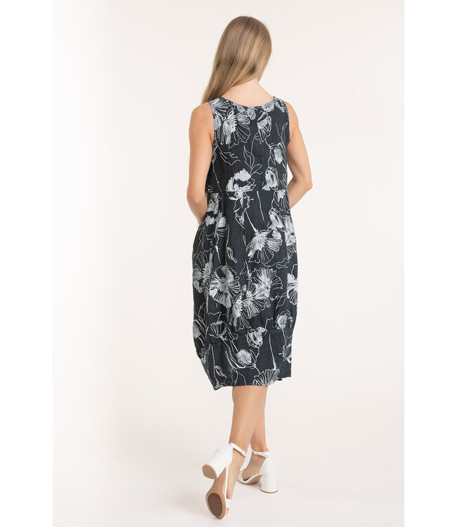 Sleeveless Floral Linen Balloon Dress - Dark Slate