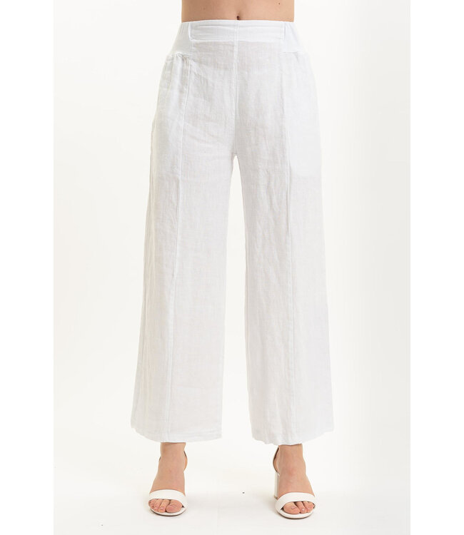 Elastic Waistband Linen Pants - White