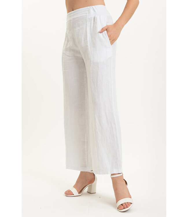 Elastic Waistband Linen Pants - White