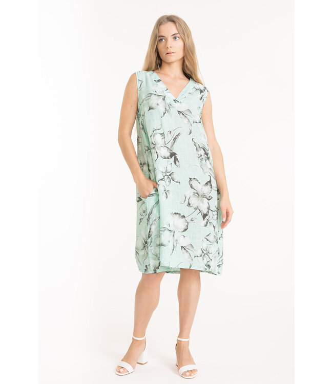 Sleeveless Floral Linen Dress - Aqua