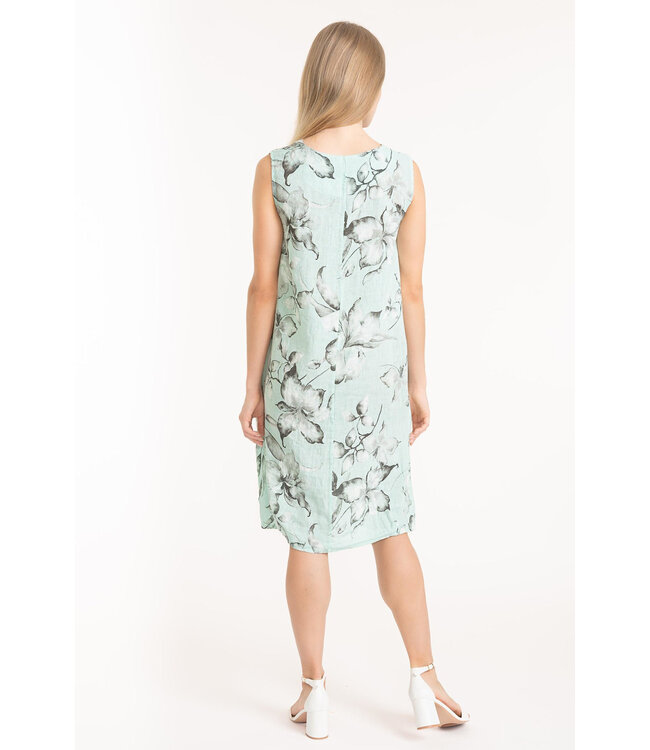 Sleeveless Floral Linen Dress - Aqua