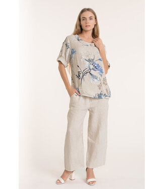 Button Sleeve Floral Linen Top - Beige