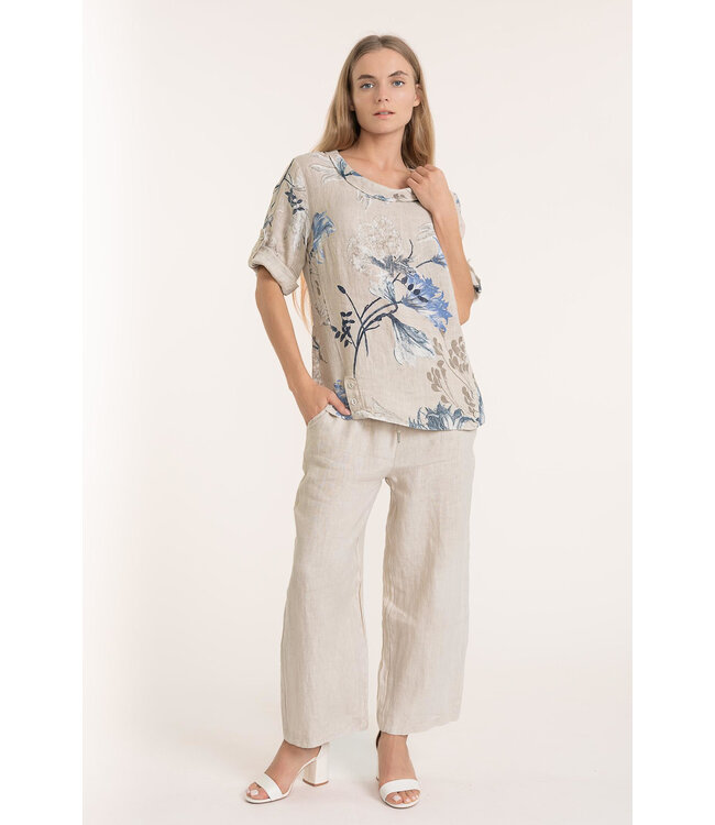 Button Sleeve Floral Linen Top - Beige