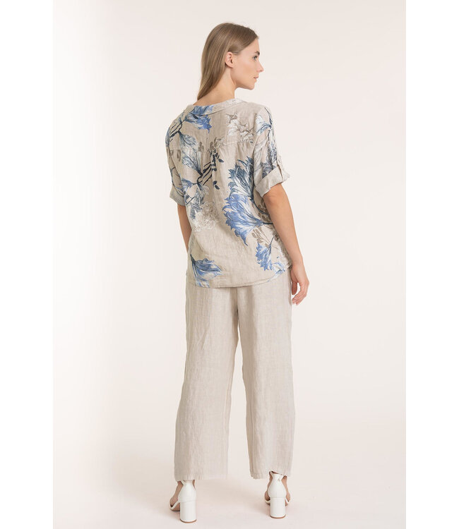 Button Sleeve Floral Linen Top - Beige