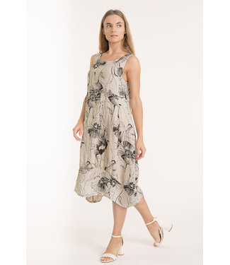 Sleeveless Linen Floral Balloon Dress - Beige