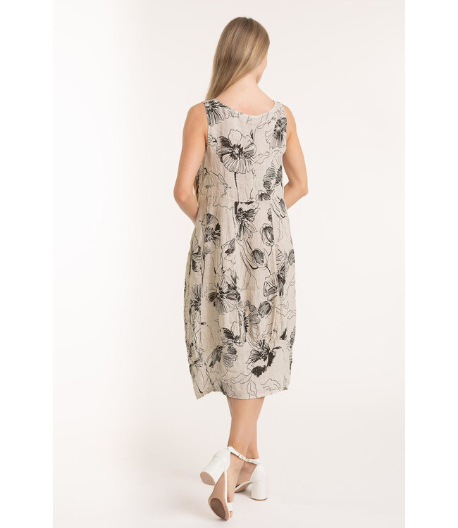 Sleeveless Linen Floral Balloon Dress - Beige