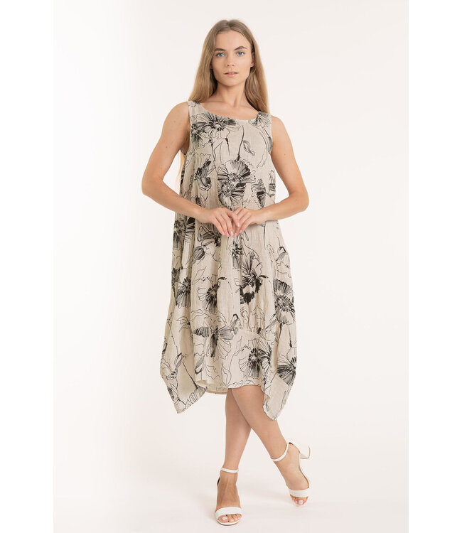 Sleeveless Linen Floral Balloon Dress - Beige