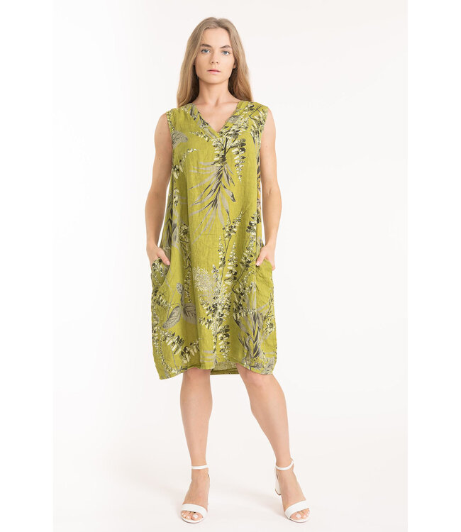 Sleeveless A-Line Linen Dress - Green