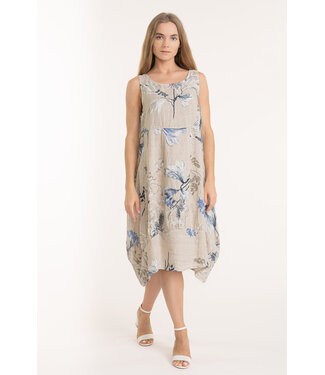 Sleeveless Floral Linen Balloon Dress - Beige