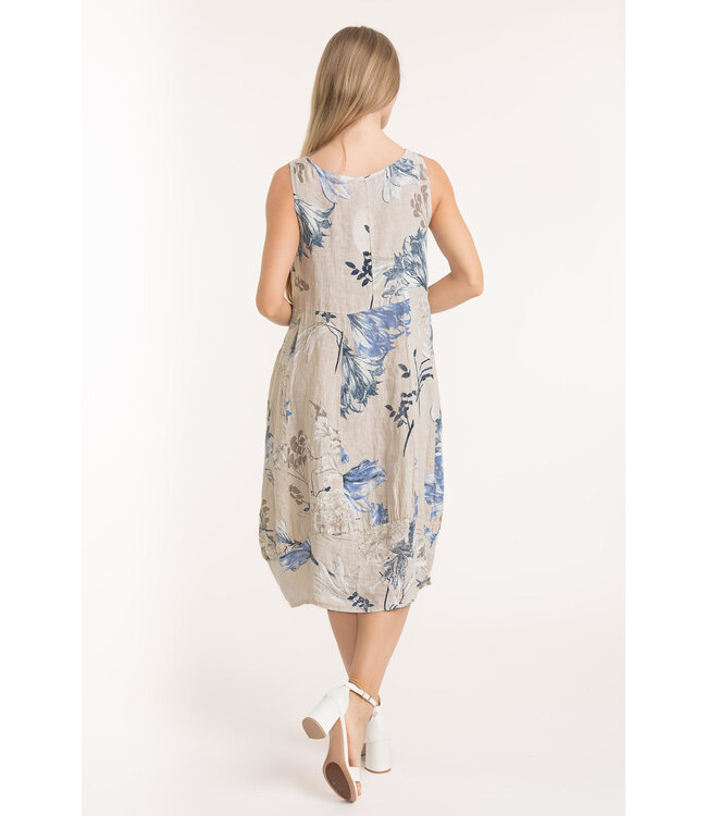 Sleeveless Floral Linen Balloon Dress - Beige