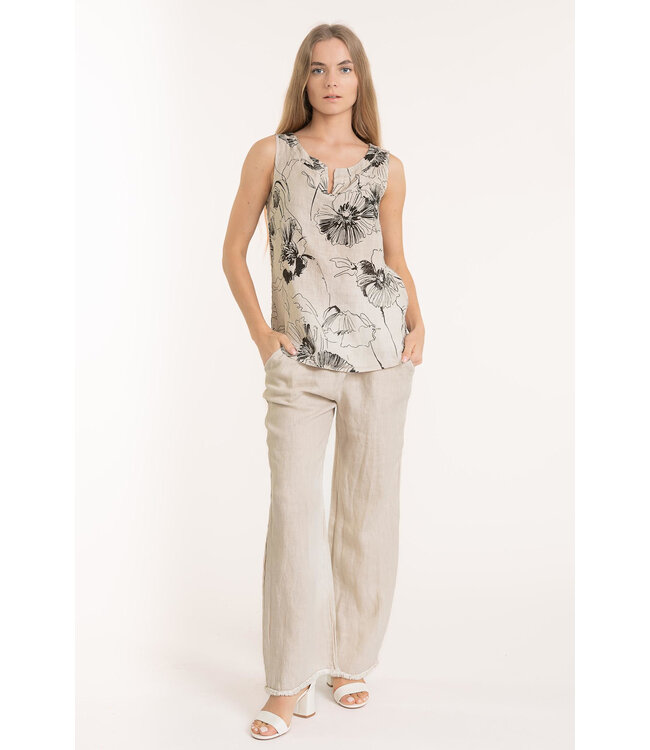 Floral Linen Tank Top - Beige
