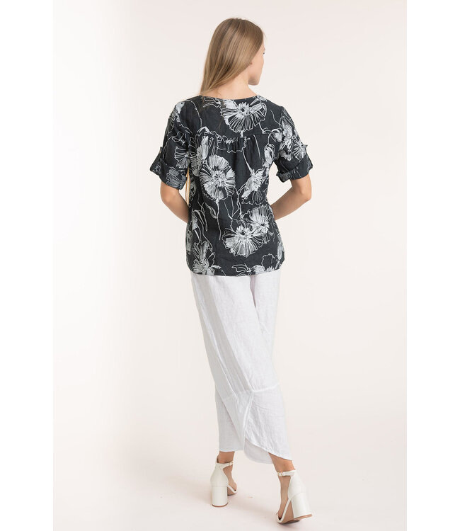 Button Sleeve Floral Linen Top - Dark Slate