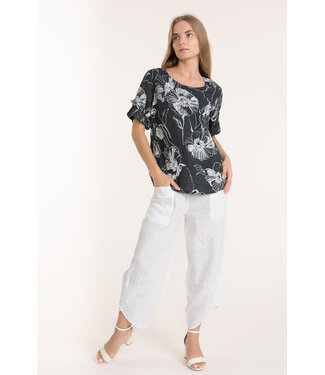 Button Sleeve Floral Linen Top - Dark Slate