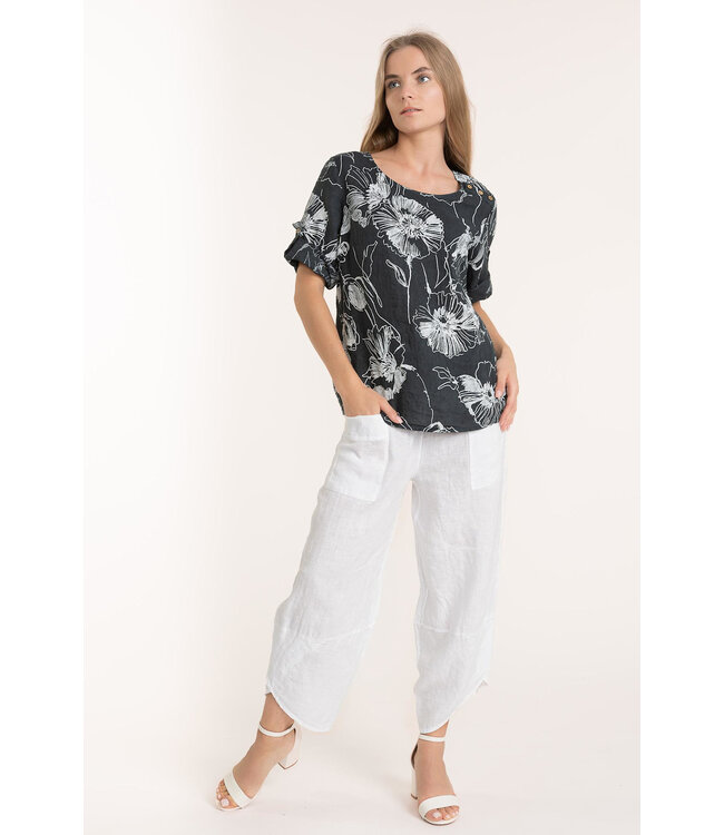 Button Sleeve Floral Linen Top - Dark Slate