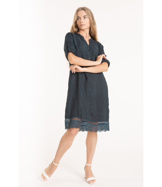 Crochet Hem Linen Dress - Dark Slate