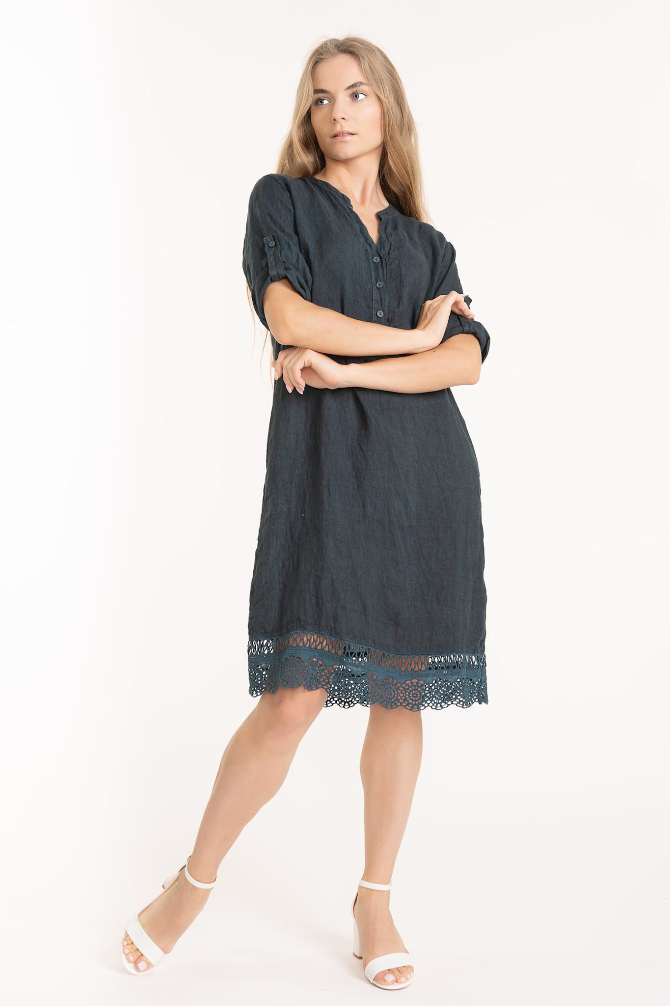 knee length dresses for ladies Girl's white linen dress with crochet sunflowers – Noisy Forest Clothes main image 0