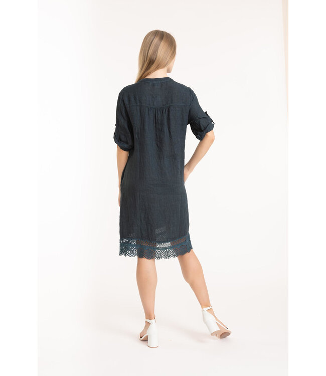 Crochet Hem Linen Dress - Dark Slate