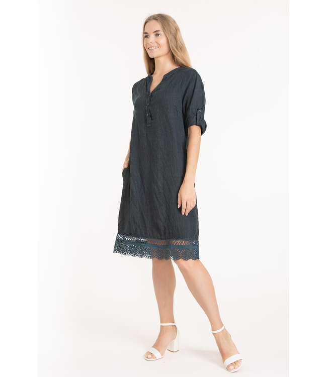 Crochet Hem Linen Dress - Dark Slate