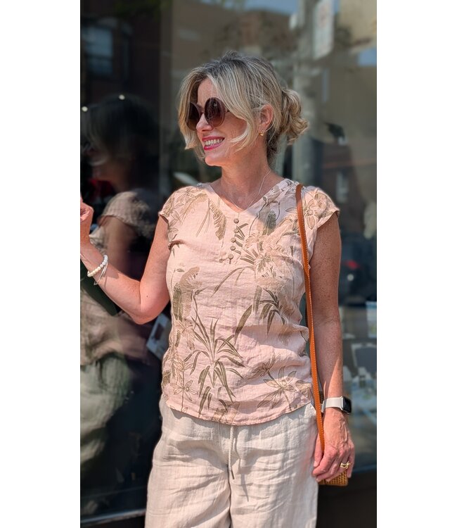 Palm Print Linen Top - Carne