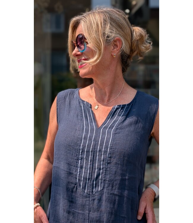 Linen Dress with Stripe Detail - Navy