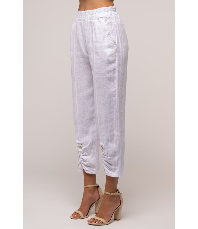 Ankle Length Linen Pants w/Button - White