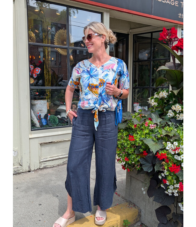 Elastic Waistband Linen Pants w/Side Slits - Navy