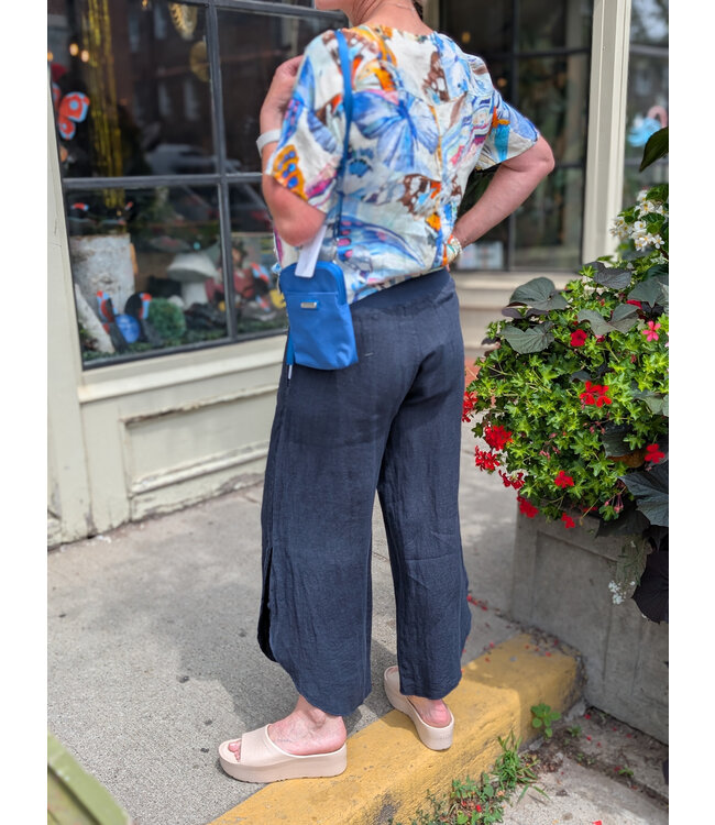 Elastic Waistband Linen Pants w/Side Slits - Navy